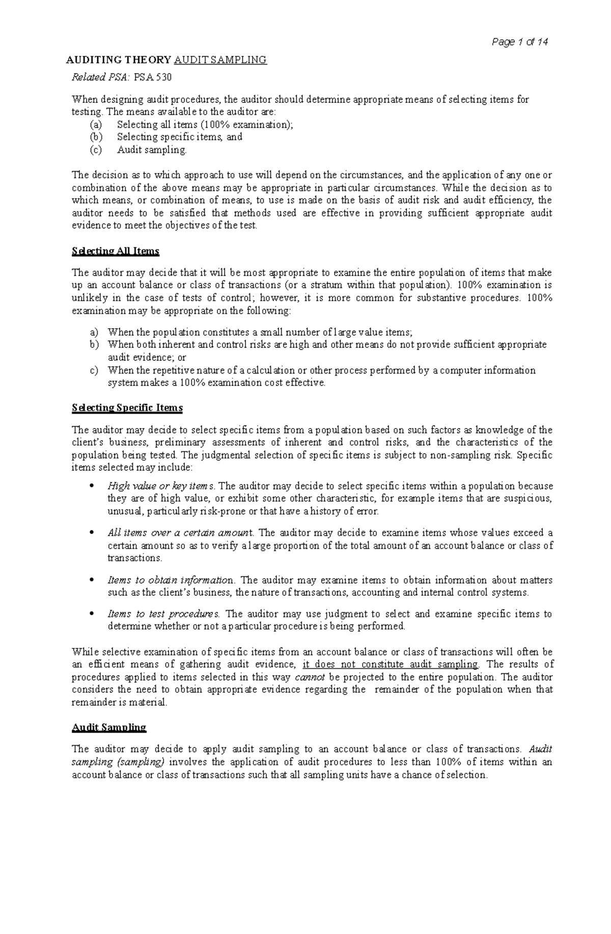 Auditing Theory 1 - Page 1 of 14 AUDITING THEORY AUDIT SAMPLING Related ...