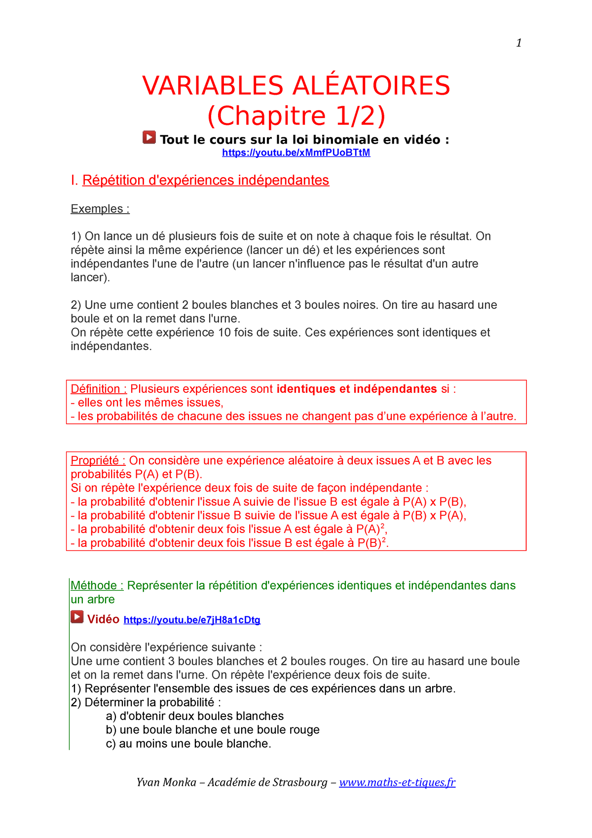 20VA1 - VARIABLES ALÉATOIRES - VARIABLES ALÉATOIRES (Chapitre 1/2) Tout ...