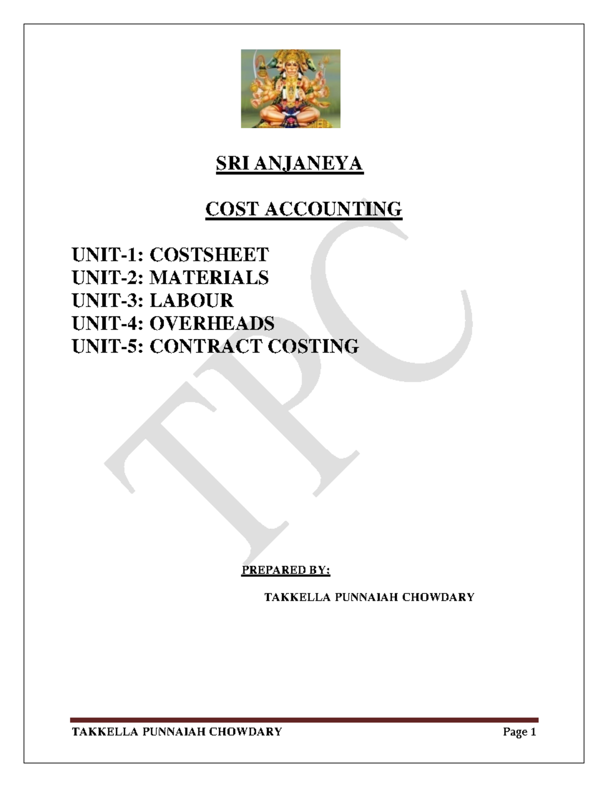 COST Accounting SRI ANJANEYA COST ACCOUNTING UNIT1 COSTSHEET UNIT2