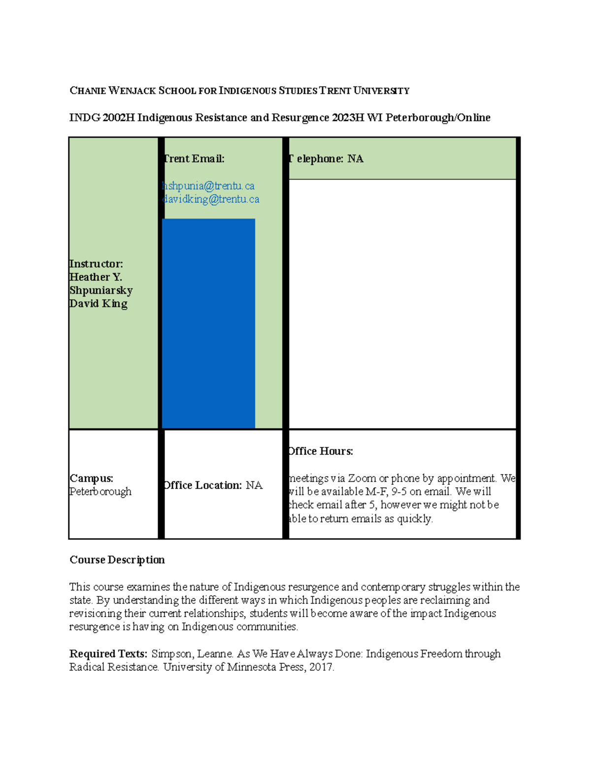 Course Syllabus INDG 2002 - CHANIE WENJACK SCHOOL FOR INDIGENOUS ...