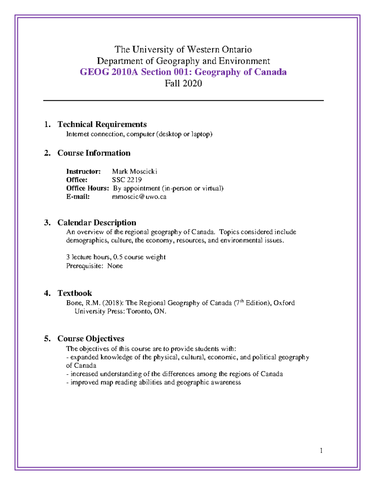 GEOG 2010 A001 Course Outline The University of Western Ontario
