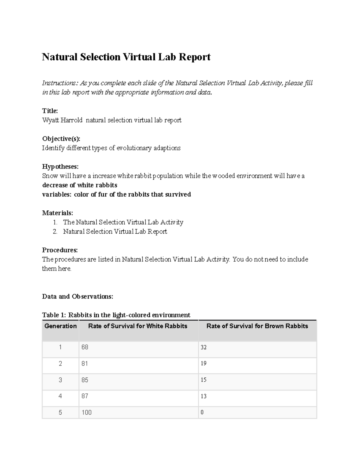 05 02 natural selection lab report - Natural Selection Virtual Lab ...