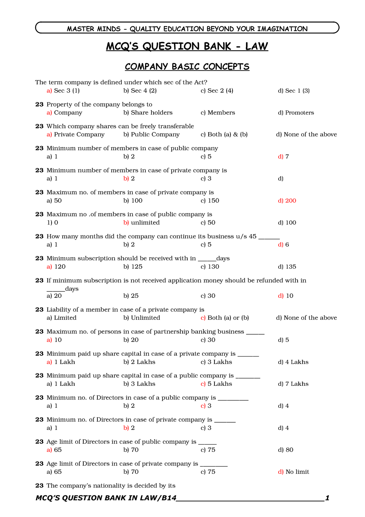 Legal Aspect G001 Mcqs For Mba Q4 Corporate Law Su 358 Studocu