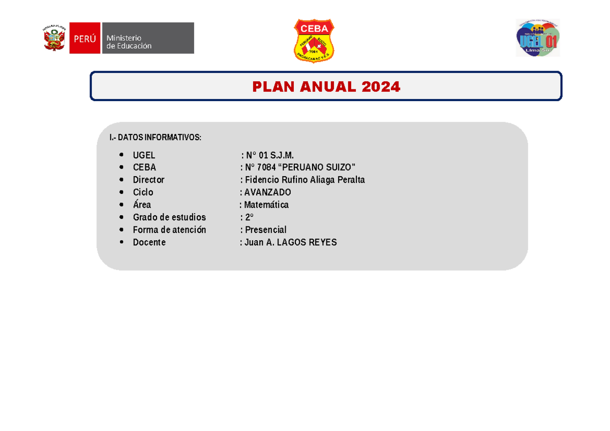 PLAN Anual 2024 Matematica Segundo AÑO - PLAN ANUAL 2024 I.- DATOS ...