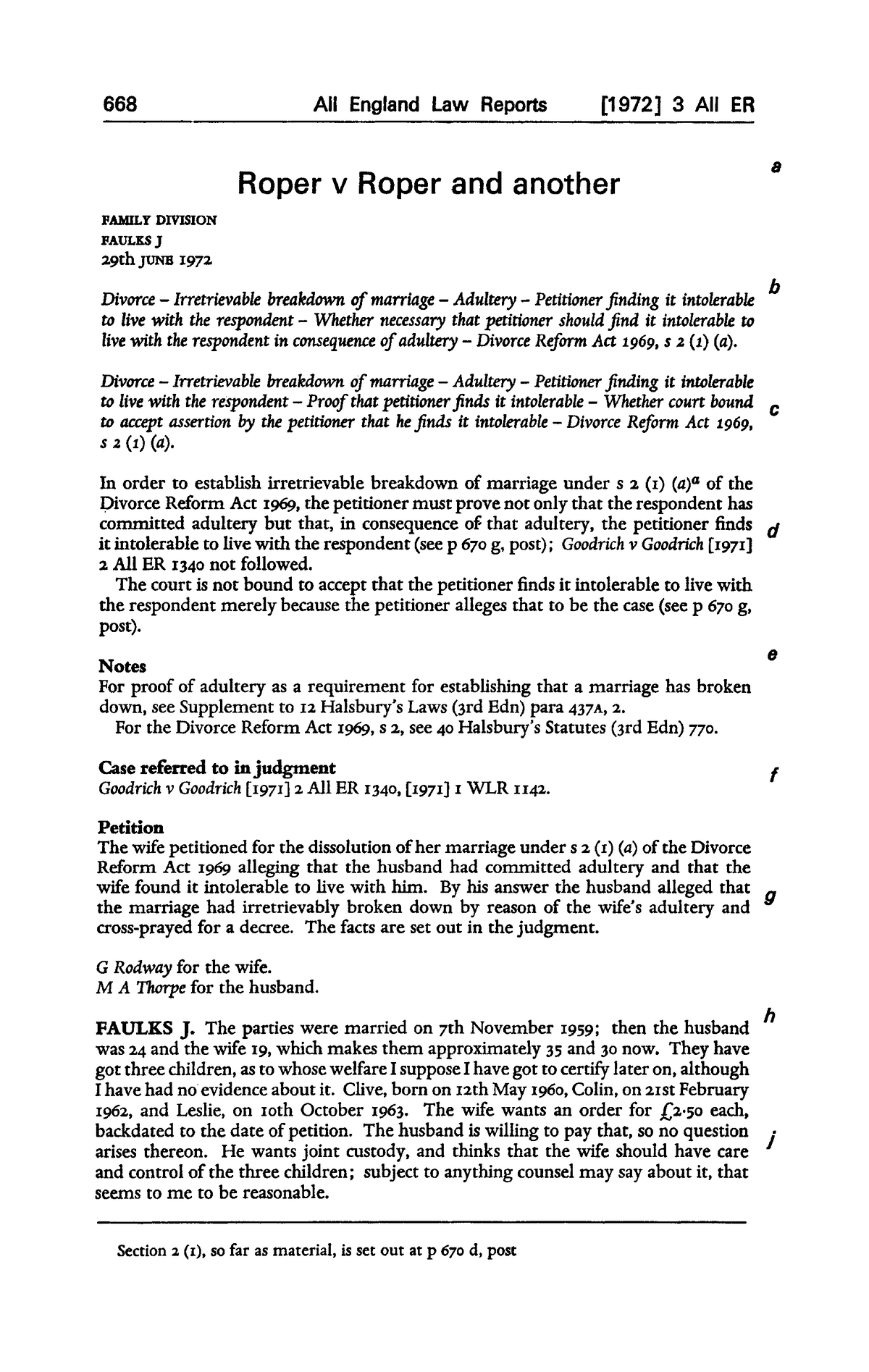 Roper v Roper and another [1972] 3 All ER 668 - Family Law - Studocu