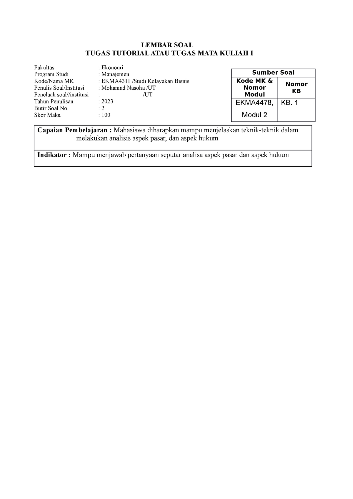 Tugas 2 EKMA4311 - LEMBAR SOAL TUGAS TUTORIAL ATAU TUGAS MATA KULIAH I ...