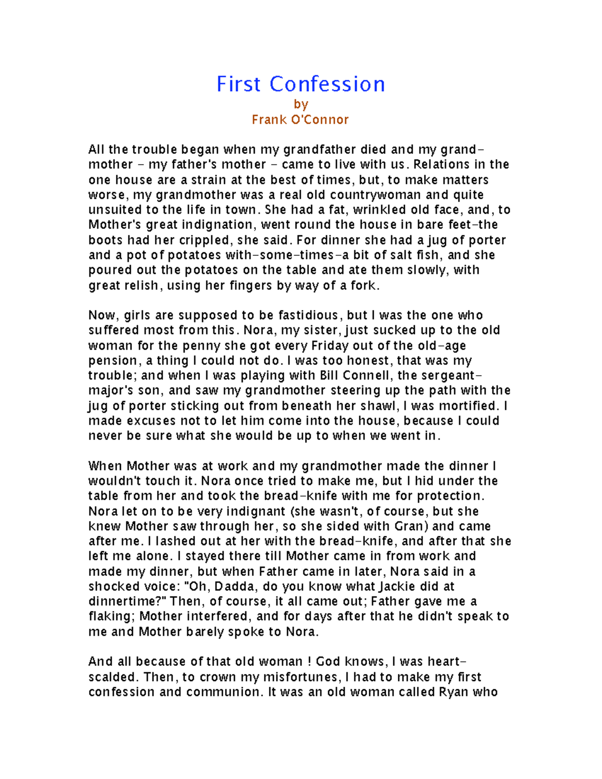 First-confession - First Confession by Frank O'Connor All the trouble ...