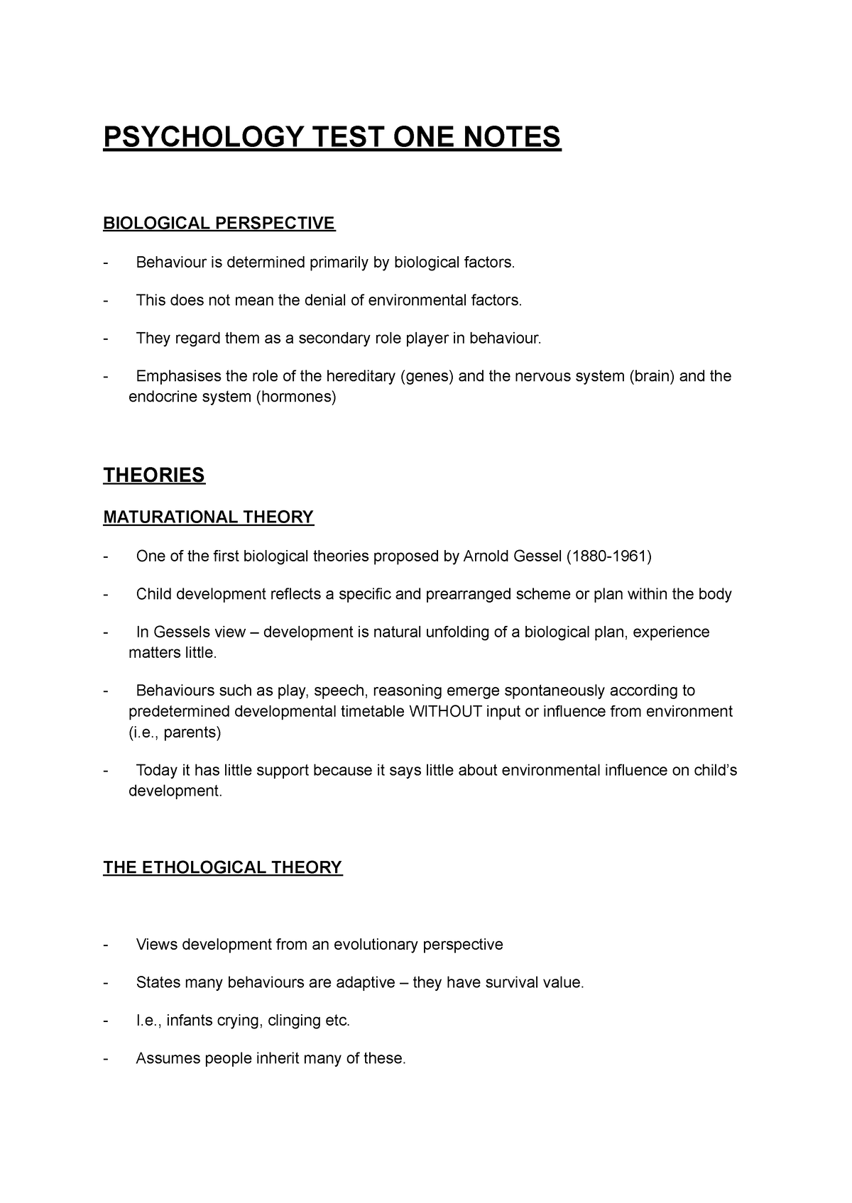 Psychology TEST ONE Notes - PSYCHOLOGY TEST ONE NOTES BIOLOGICAL ...