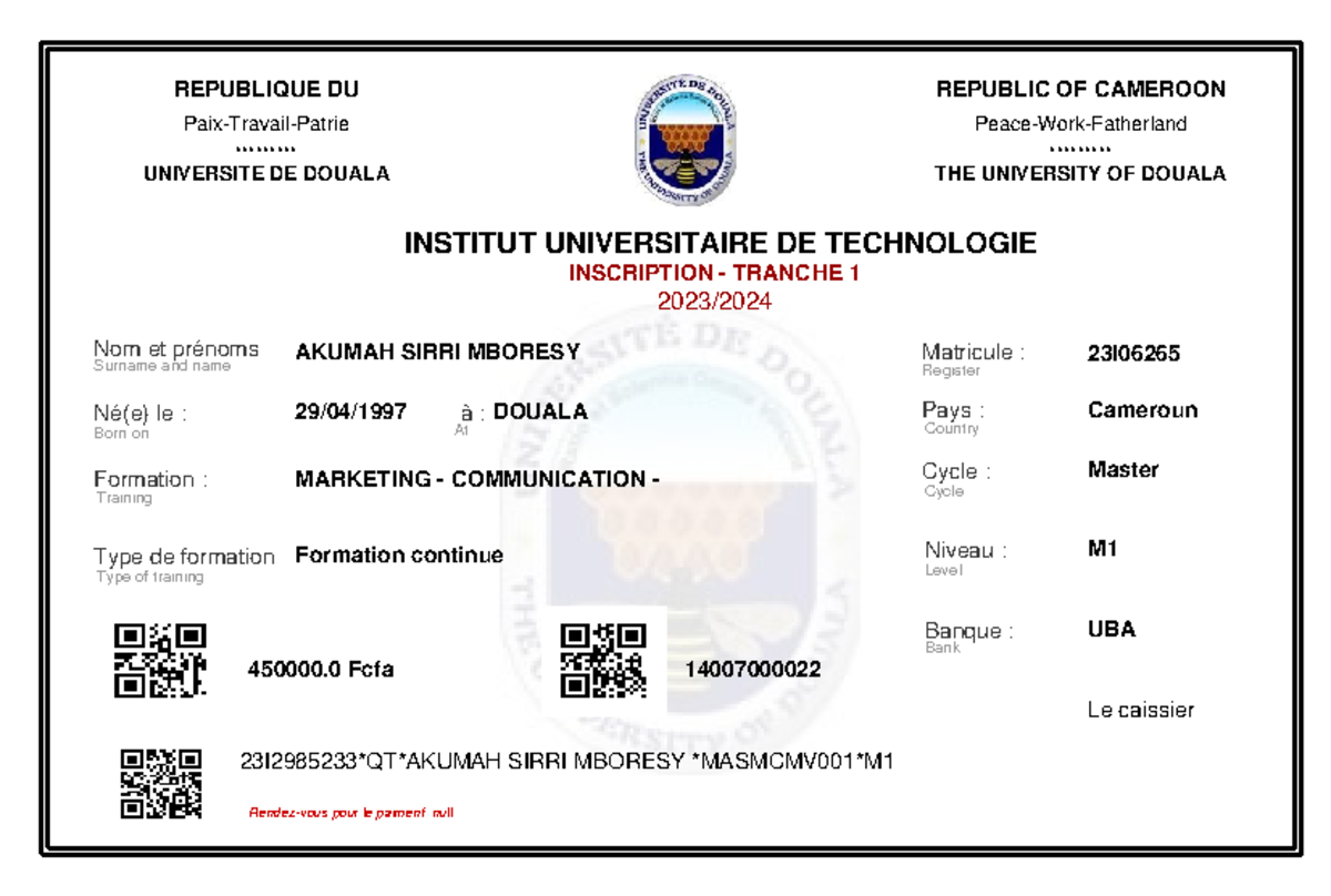 Quitus-2 - RECEIPT OF PAYMENT - Paix-Travail-Patrie UNIVERSITE DE ...