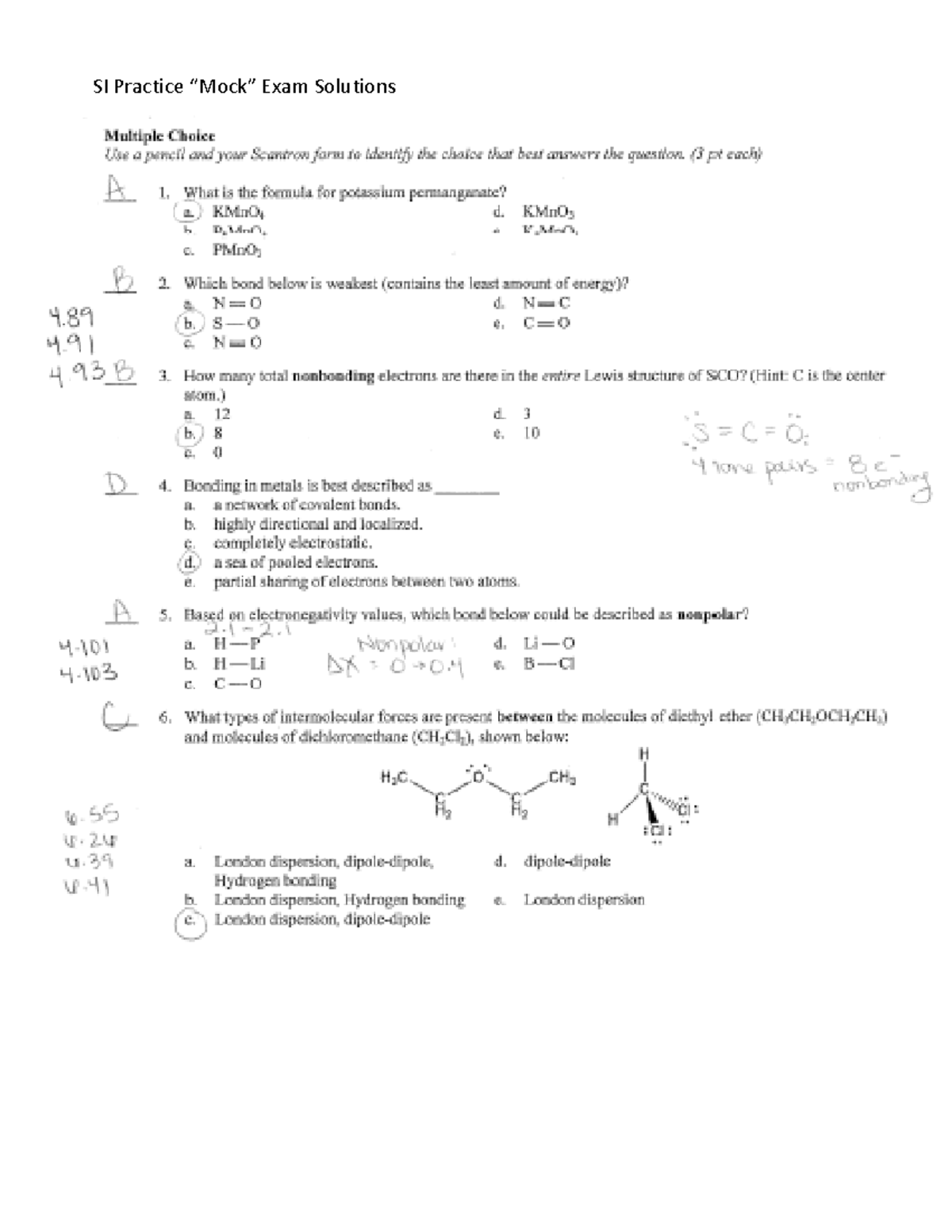 SI Mock Exam 2 Solutions - CHEM 1030 - SI Practice “Mock” Exam ...