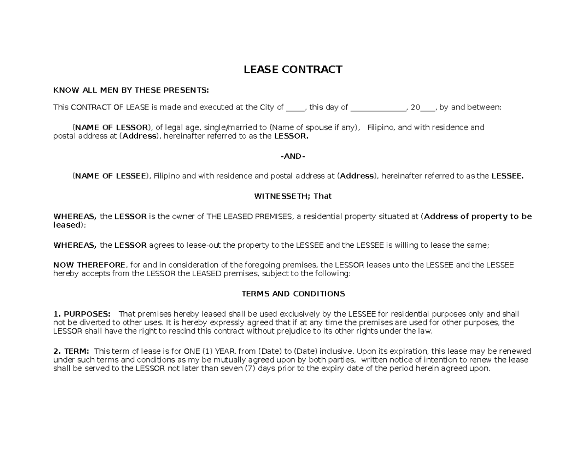 Lease Contract - legal forms - LEASE CONTRACT KNOW ALL MEN BY THESE ...