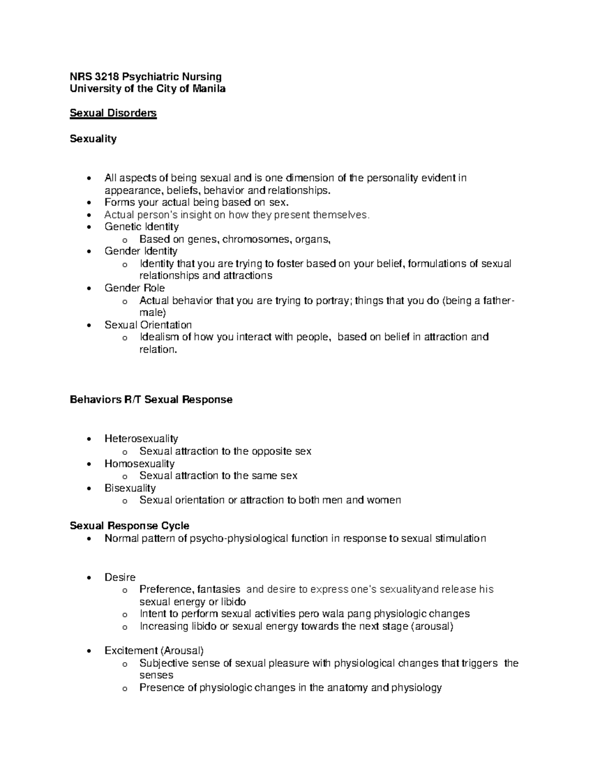 Psychiatric Nursing Sexual Disorders Class Notes - NRS 3218 Psychiatric ...