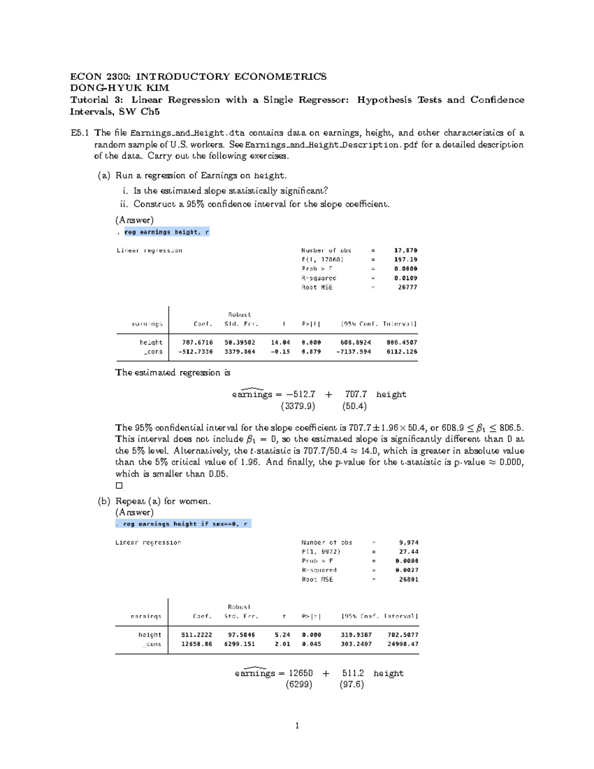 Tutorial 3 Solution Introductory Econometrics ECON2300 - Lecture Notes ...