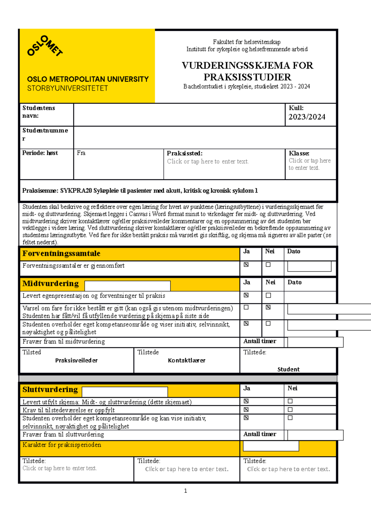 Vurderingsskjema Sykpra 20 H2023 - ####### Fakultet For Helsevitenskap ...