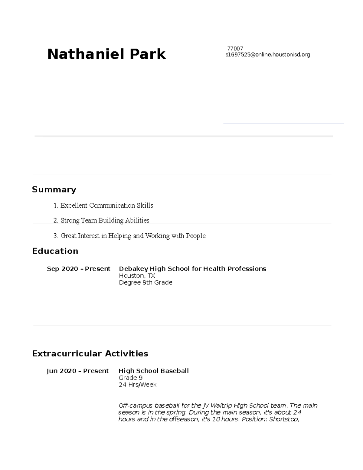 Nathaniel Park Resume - Nathaniel Park 77007 S1697525@online.houstonisd 