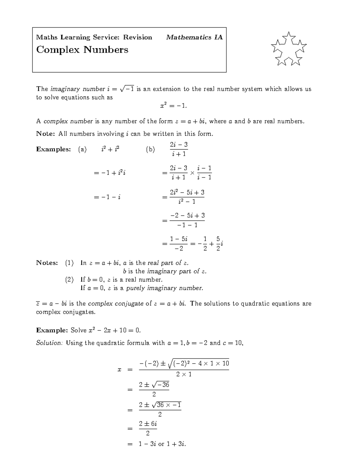 Complex-numbers-revision - Maths Learning Service: Revision Mathematics ...