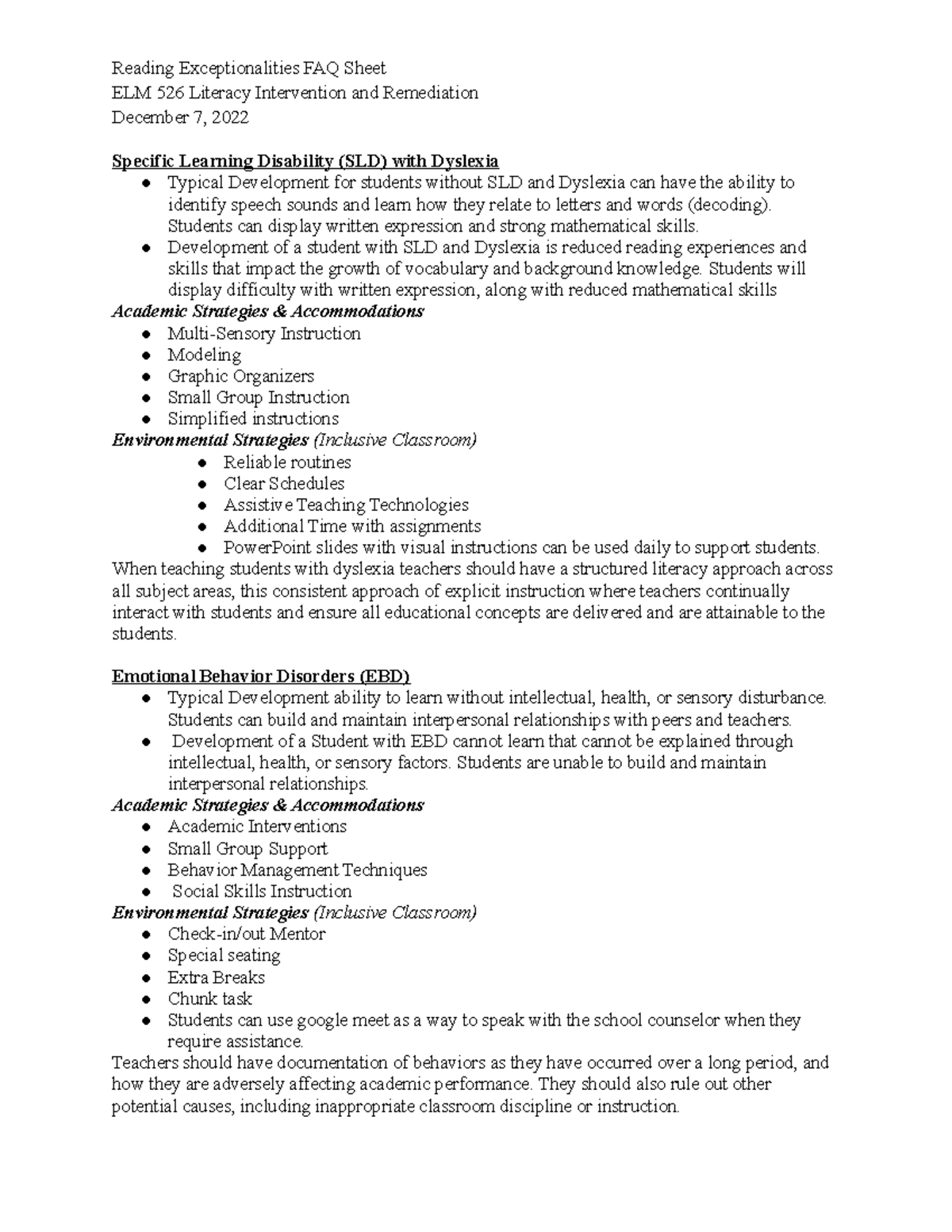 Elm 526 Reading Exceptionalities FAQ Sheet - Reading Exceptionalities ...