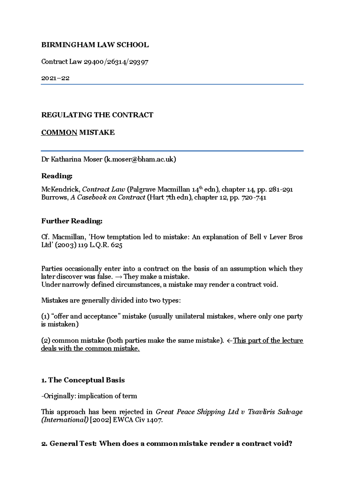 Section 5.4 Mistake Lecture Handout - BIRMINGHAM LAW SCHOOL Contract ...