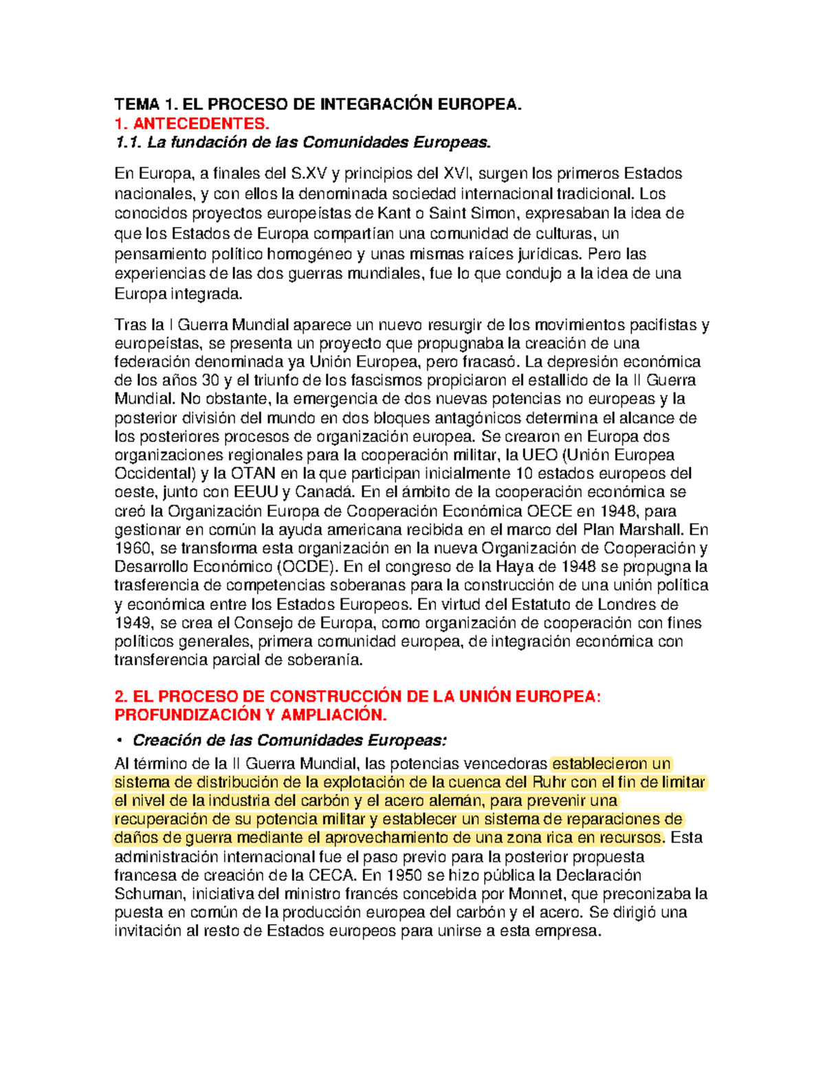 Instituciones de la union europea - TEMA 1. EL PROCESO DE INTEGRACIÓN ...