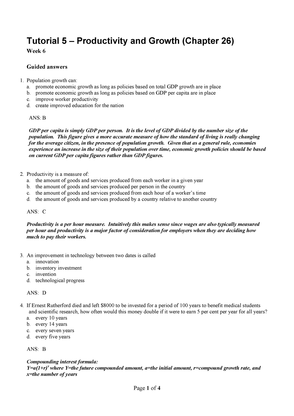 Macroeconomics 1 ECON1010 Tut 5 (Week 6) Guided Answers - Tutorial 5 ...