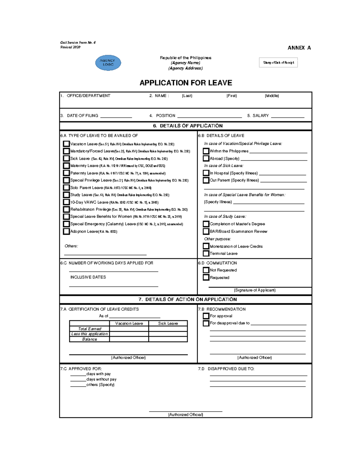 CS Form No. 6, Revised 2020 (Application for Leave) (Secured) - ANNEX A ...