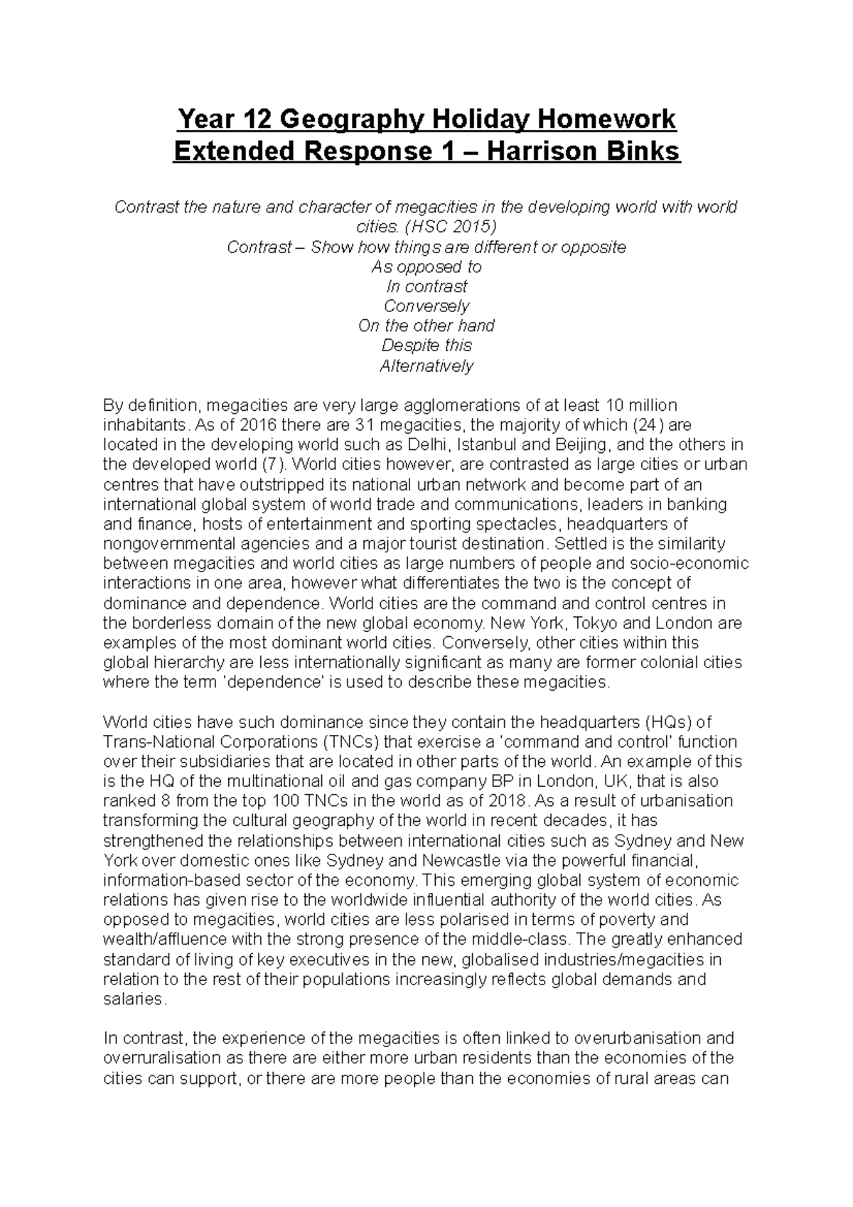Nature and Character of World Cities vs. Megacities Essay Year 12