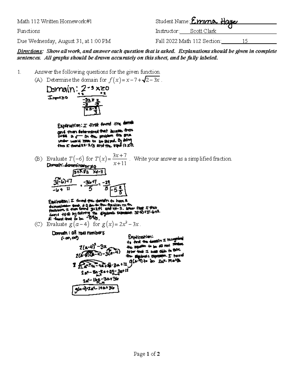 math 112 written homework linear functions