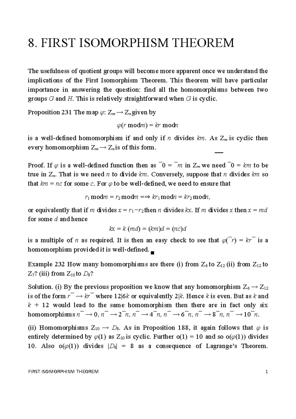 GGA-10 - FIRST ISOMORPHISM THEOREM - 8. FIRST ISOMORPHISM THEOREM The ...