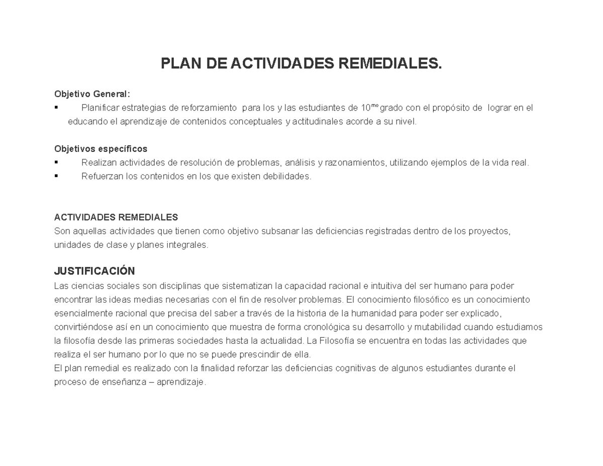 Plan remedial filosofia - PLAN DE ACTIVIDADES REMEDIALES. Objetivo
