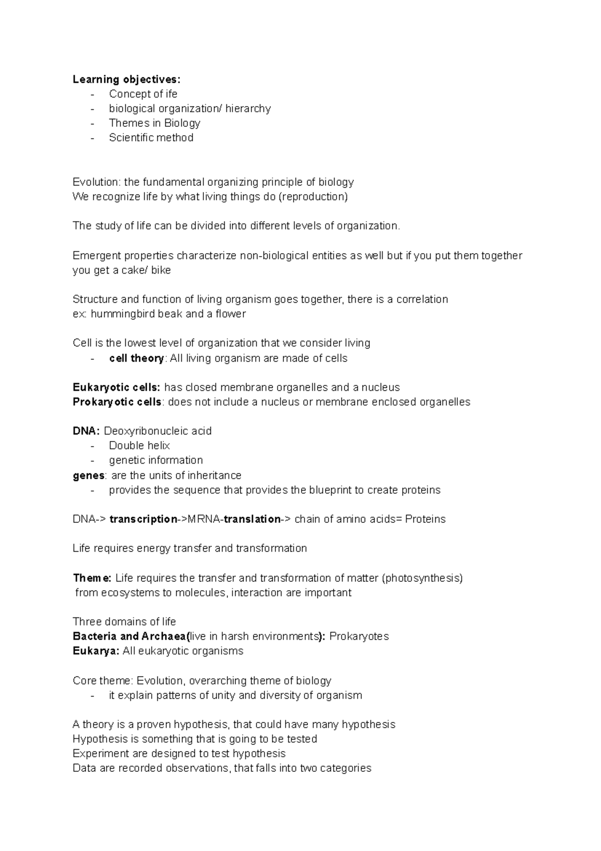 Bio Lecture Exam 1 - Learning Objectives: - Concept Of Ife - Biological ...