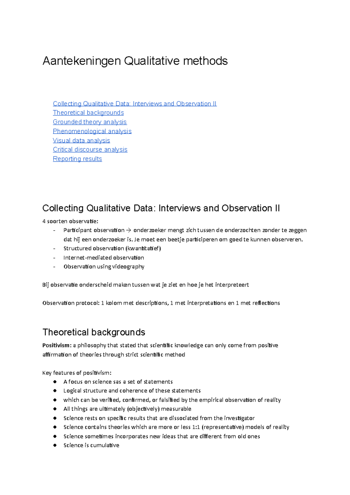 Aantekeningen Qualitative methods Aantekeningen Qualitative methods