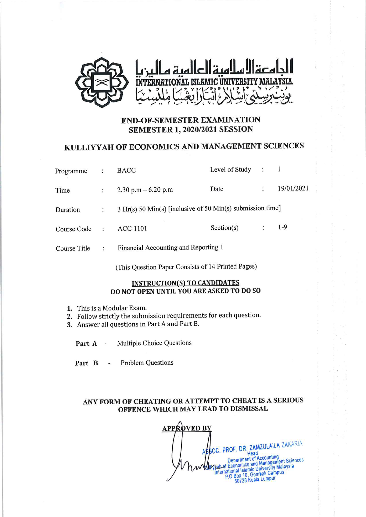 ACC 1101 - past year paper Semester 1 2020/2021 - Financial Accounting ...