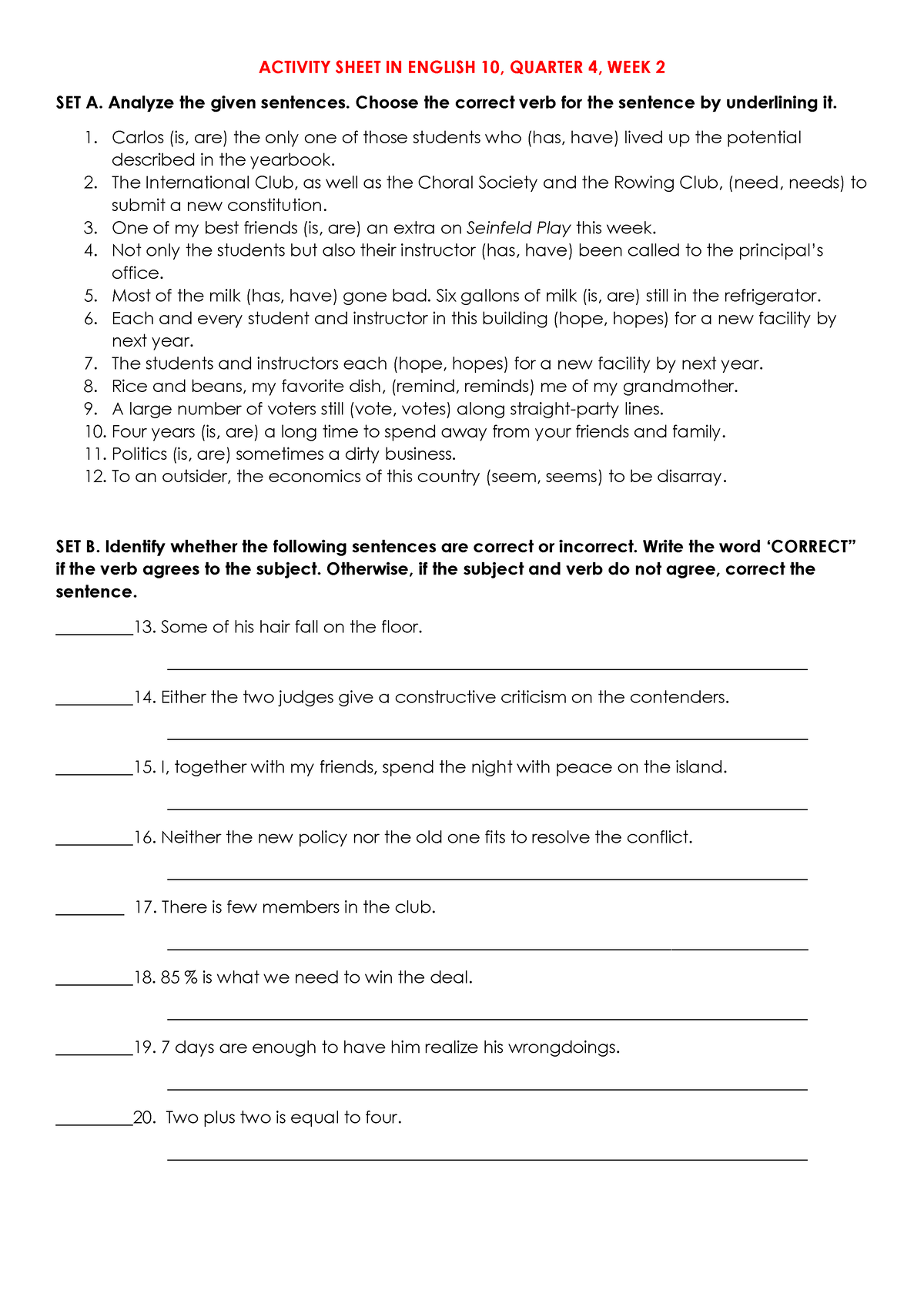 Activity Sheet IN English 10, WEEK 2 092437 - ACTIVITY SHEET IN ENGLISH ...