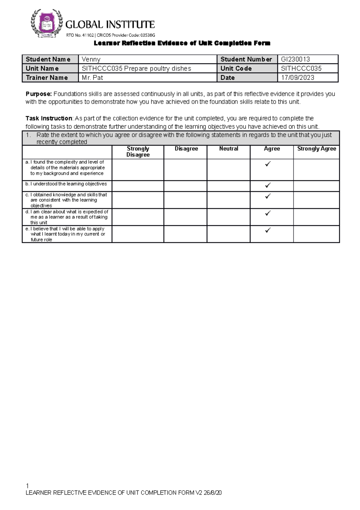 Learner Reflection Evidence Form V2 - Learner Reflection Evidence of ...