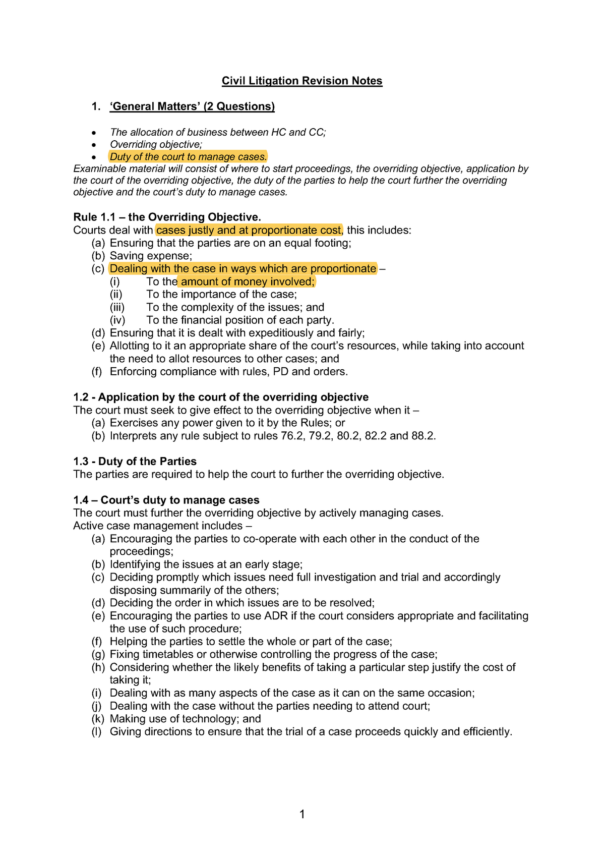 Civil Litigation Revision Notes PART 1 - ‘ General Matters’ (2 ...