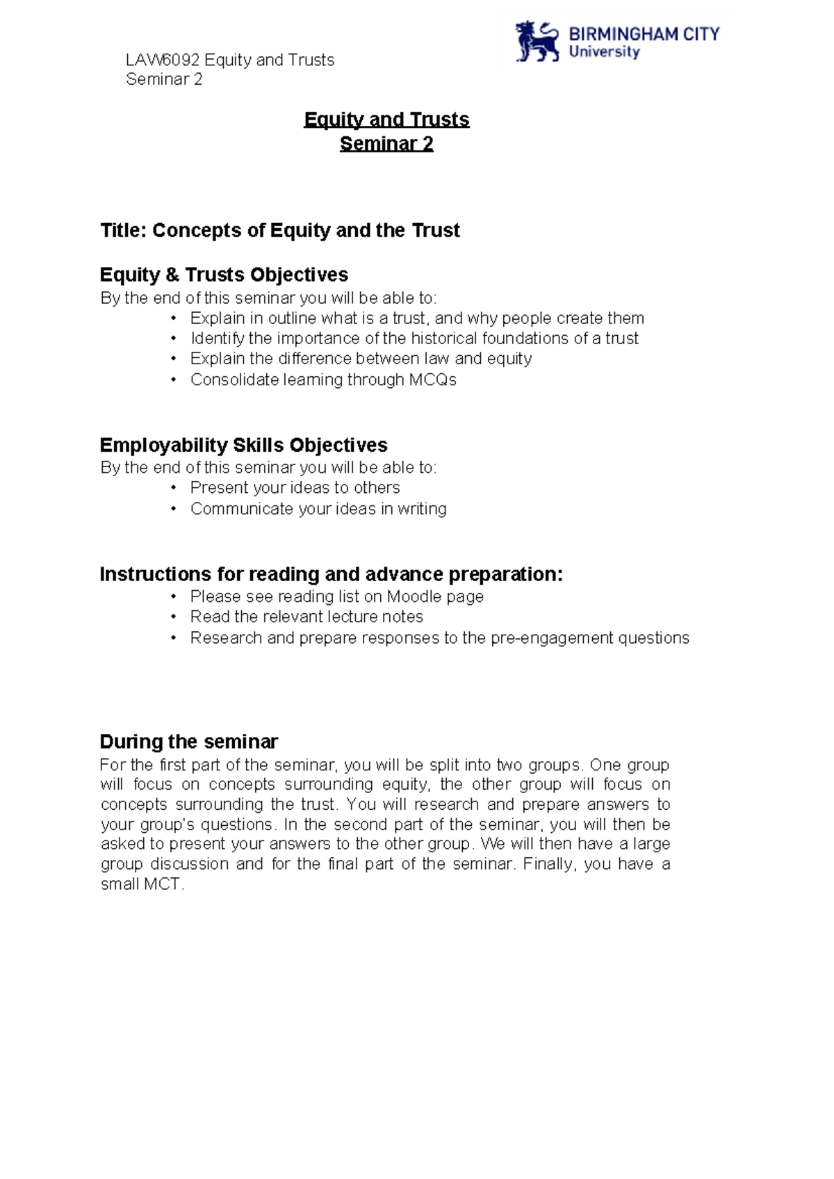 Concepts of Equity and Trusts - Seminar 2 Equity and Trusts Seminar 2 ...