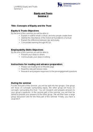 Introduction to Equity and Trusts - LAW6092 Equity and Trusts Seminar 1 ...