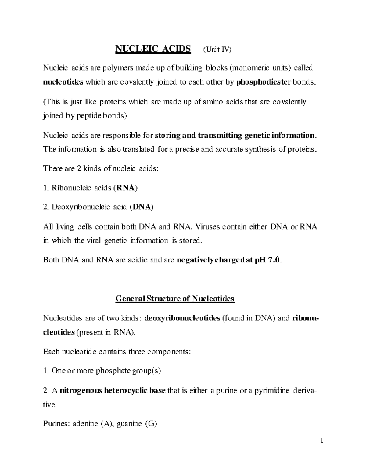 Nucleic Acids Lecture notes 13 NUCLEIC ACIDS (Unit IV) Nucleic