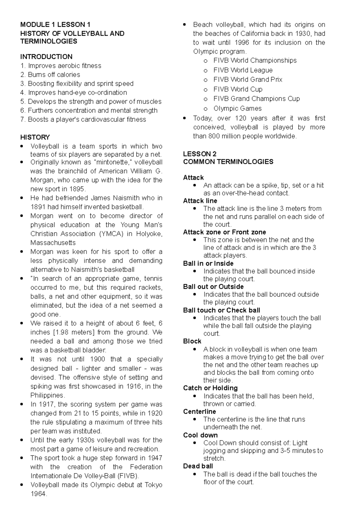 Reviewer- Prelim - MODULE 1 LESSON 1 HISTORY OF VOLLEYBALL AND ...