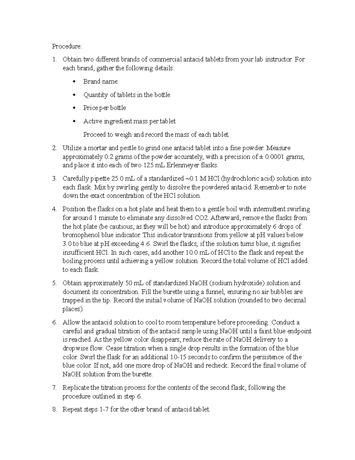 Pre Lab#3Analysis of Antacids by Acid-Base Titration - Procedure: 1 ...