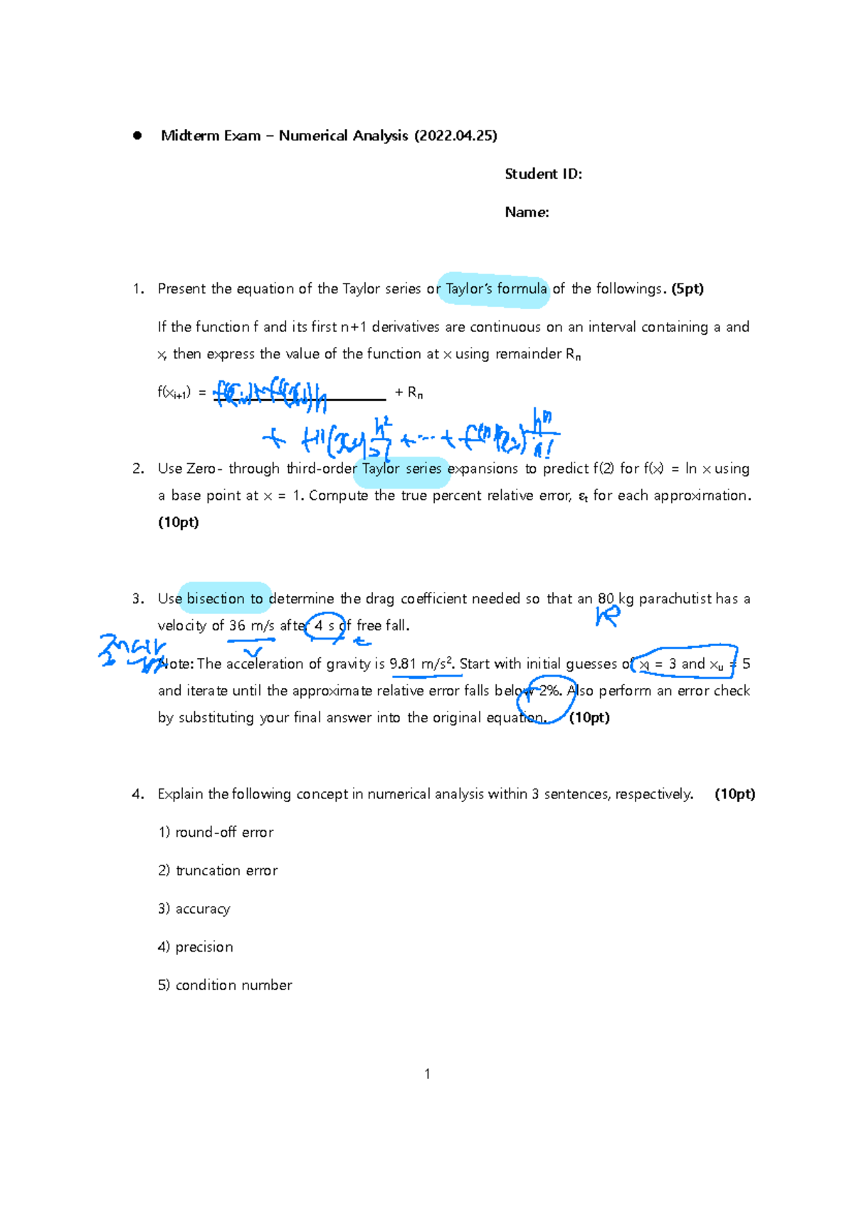 수치족보 중간 - Mid term test paper - ⚫ Midterm Exam – Numerical Analysis ...