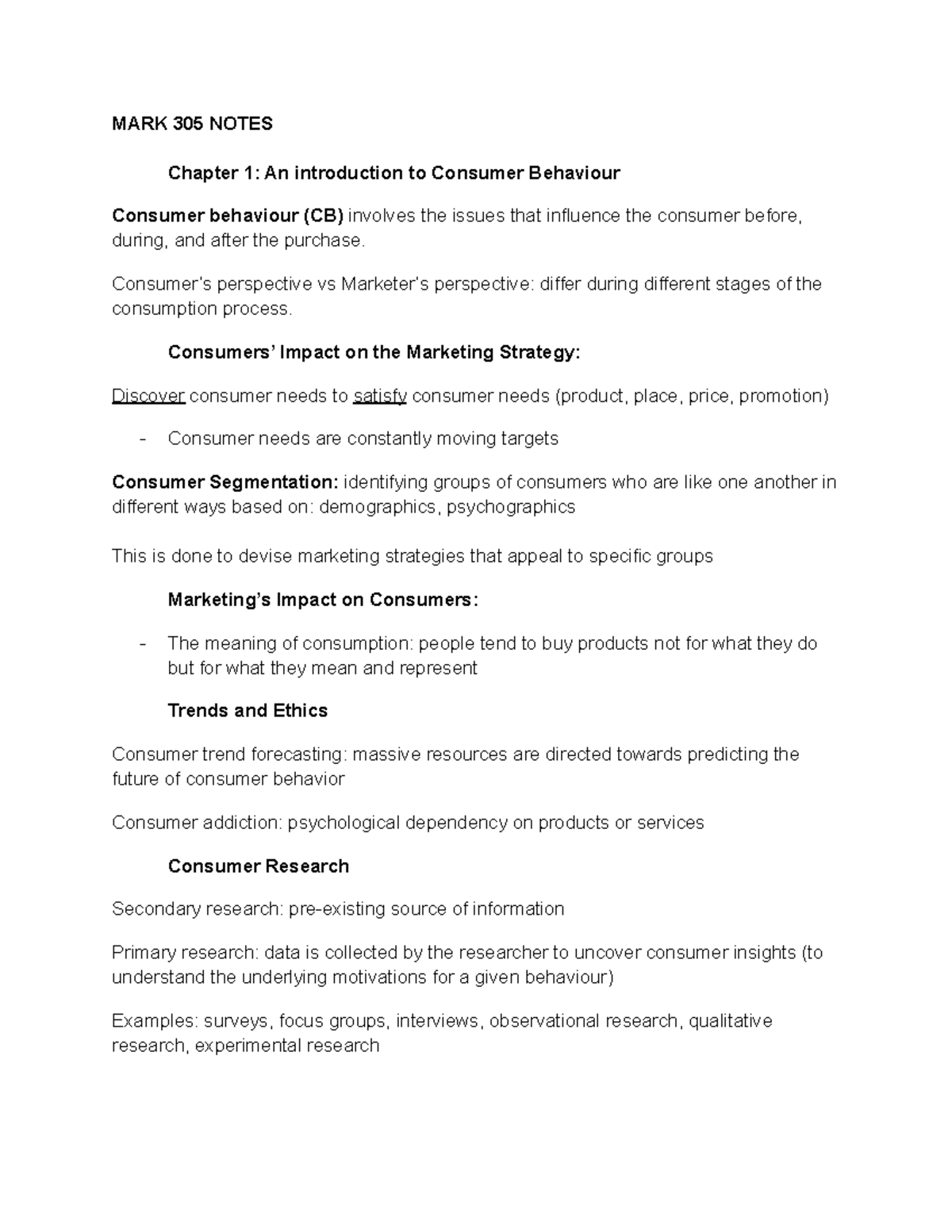 MARK 305 Notes - MARK 305 NOTES Chapter 1: An introduction to Consumer ...