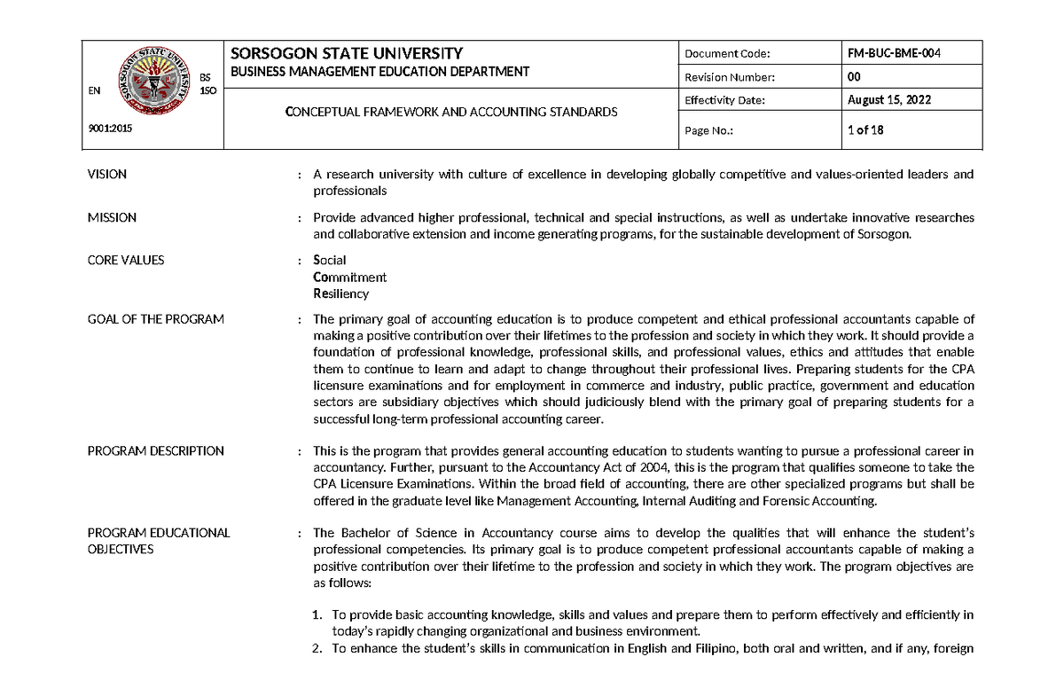 Course Syllabus ON CFAS 2023 Based ON Revised Format BSA - BS EN 1SO ...