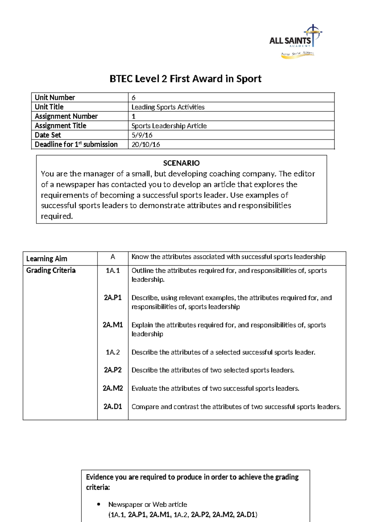 BTEC-First-Unit-6-Assignment-1 - BTEC Level 2 First Award in Sport Unit ...