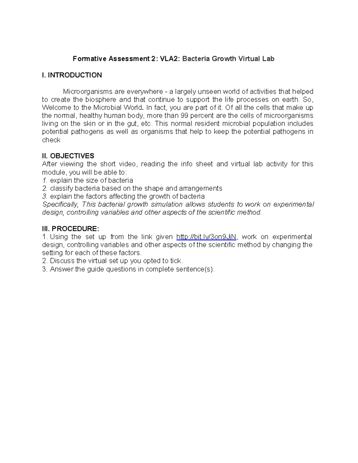 Laboratory Report on Bacteria Growth Virtual Lab Formative Assessment 2 VLA2Bacteria Growth