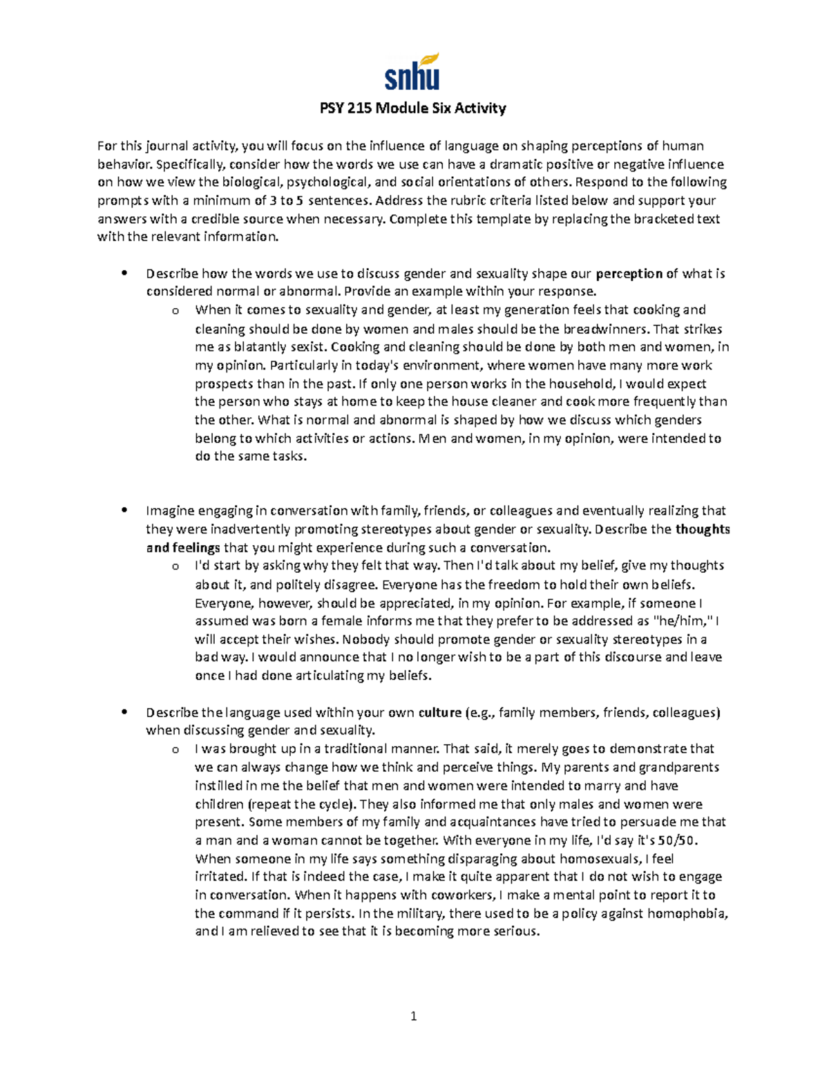 PSY 215 Module Six Activity - PSY 215 Module Six Activity For This ...