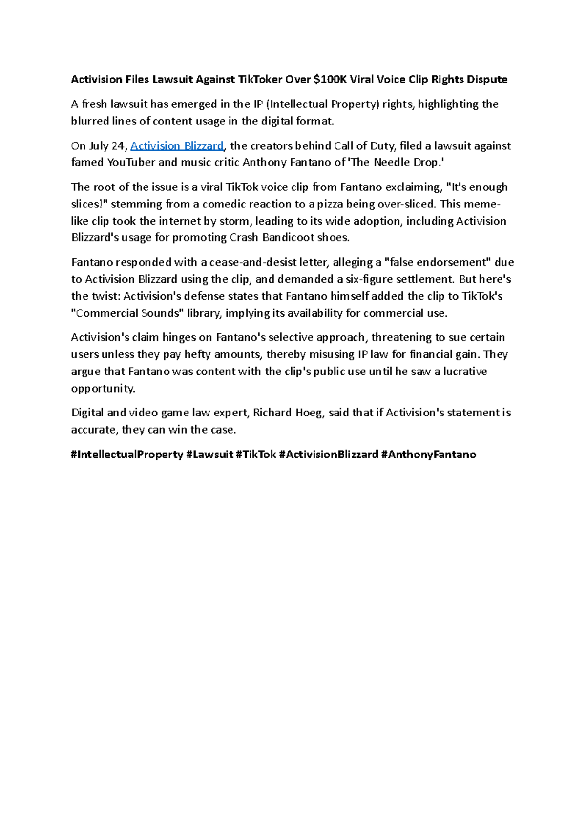 Activision Files Lawsuit Against Tik Toker Over - On July 24 ...