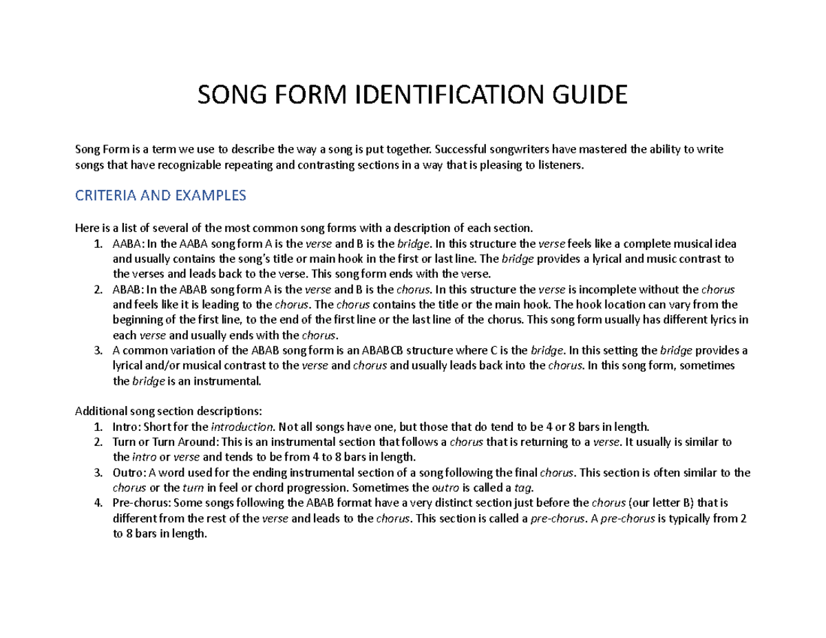 Song form Identification Guide SONG FORM IDENTIFICATION GUIDE Song Form is a term we use to