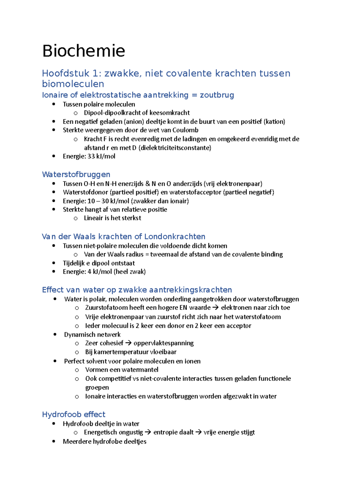 Biochemie Samenvatting Herexamens - Biochemie Hoofdstuk 1: Zwakke, Niet ...