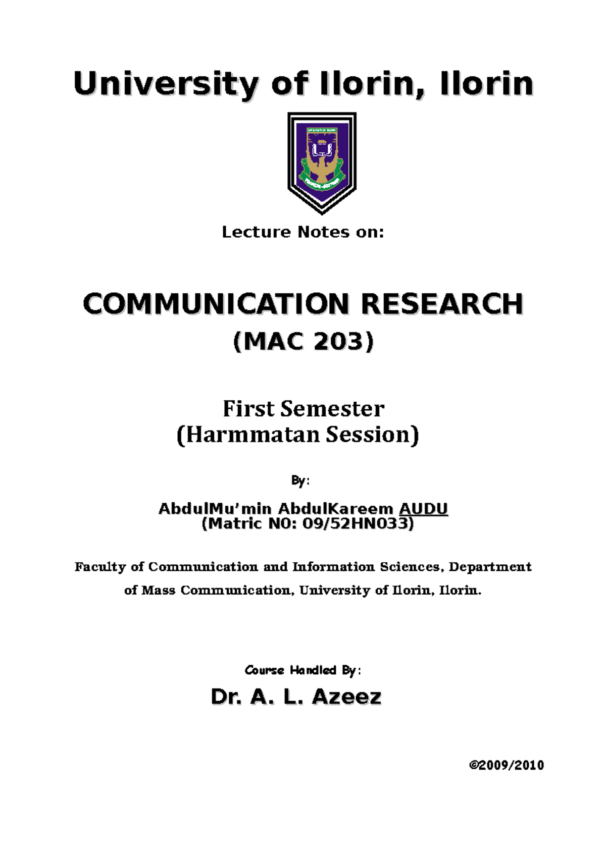 Research Method I - Lecture notes 1-3 - UUnniveriverssitityy ooff ...